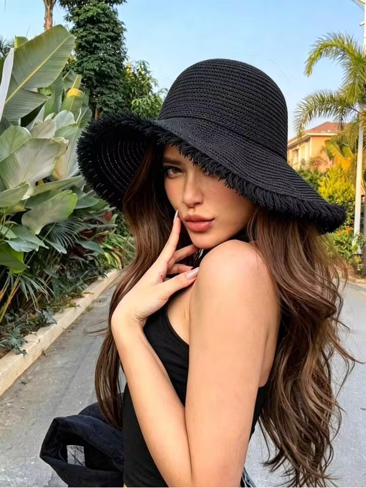 Black Floppy Sun Hat Women’s Wide Brim Straw Hat